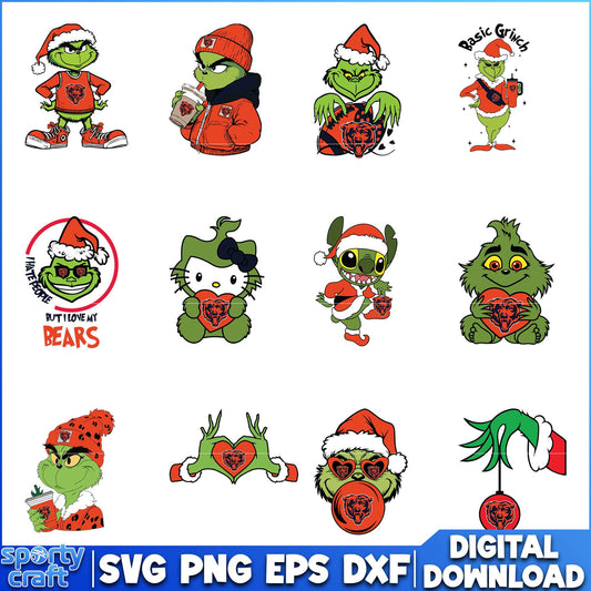 Christmas Grinch Bears SVG Bundle, Chicago Bears SVG
