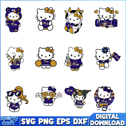 Hello Kitty Ravens SVG Bundle, Baltimore Ravens SVG