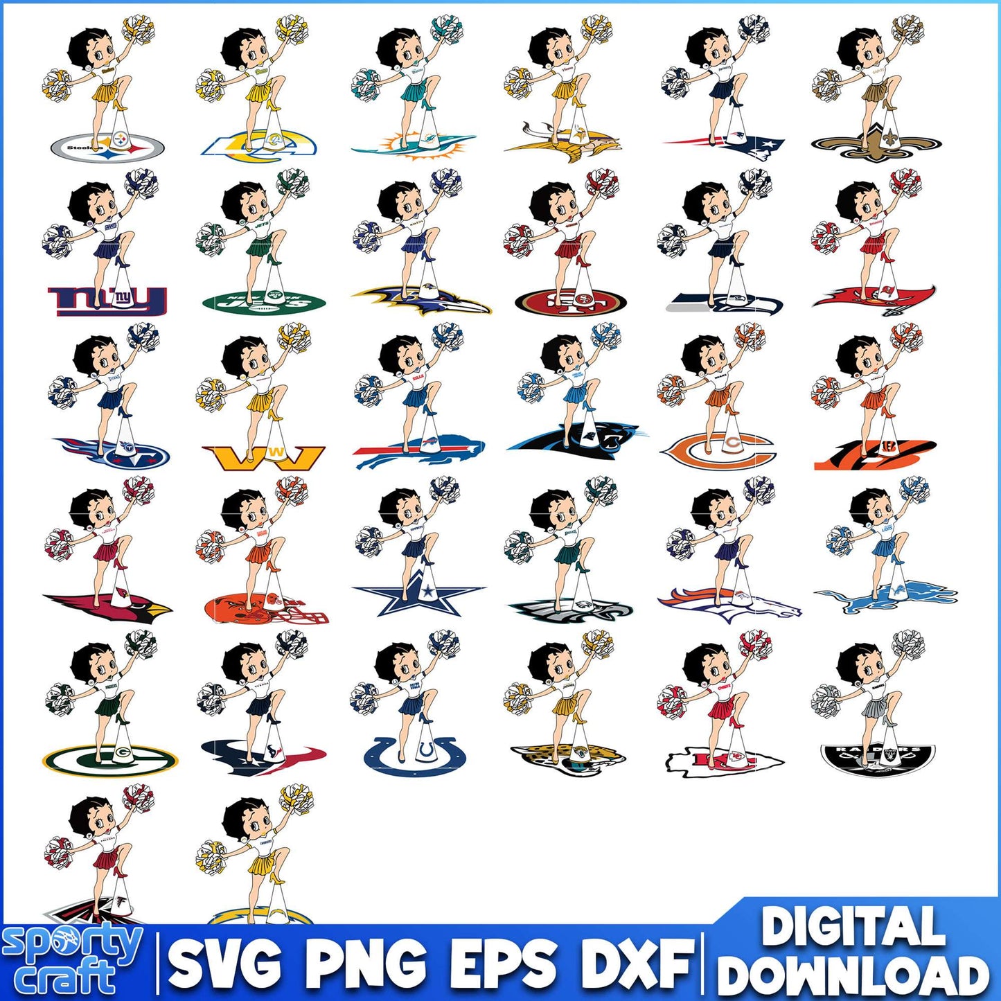 Betty Boop NFl Cheerleader SVG Bundle, NFL Football SVG