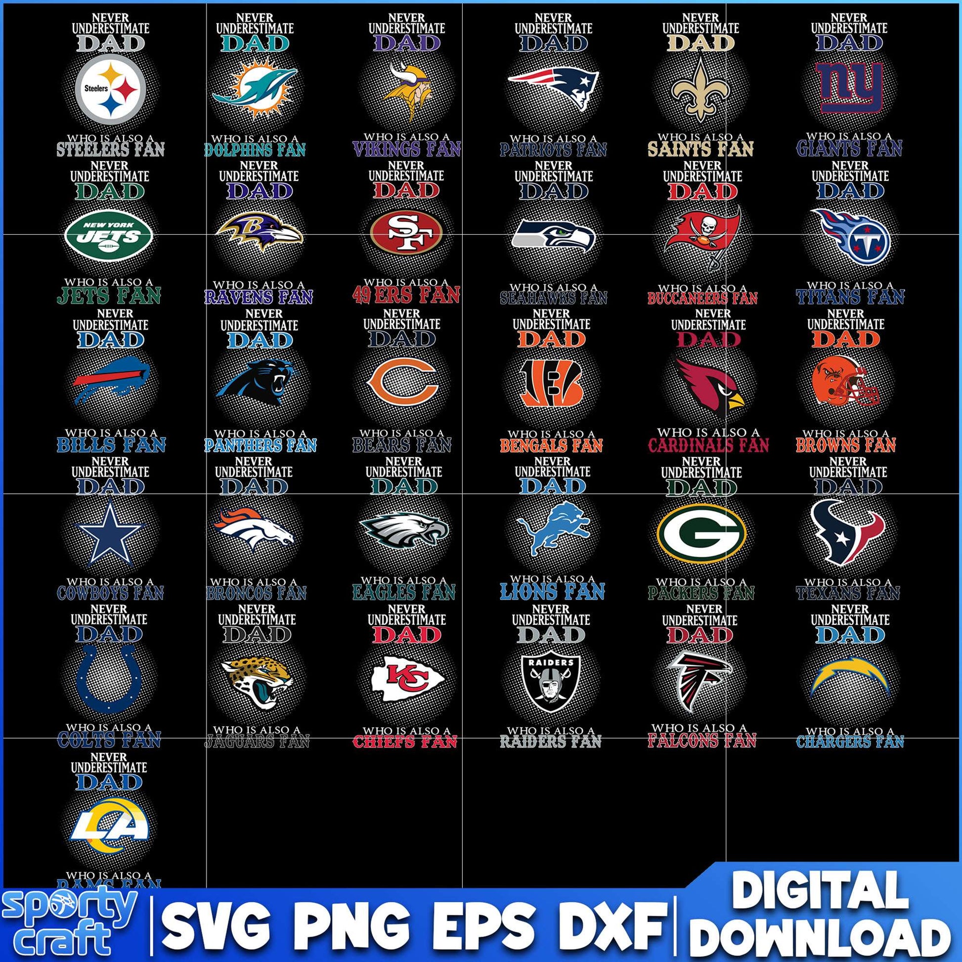 Never Underestimate Dad NFL Teams Bundle SVG, NFL Football SVG