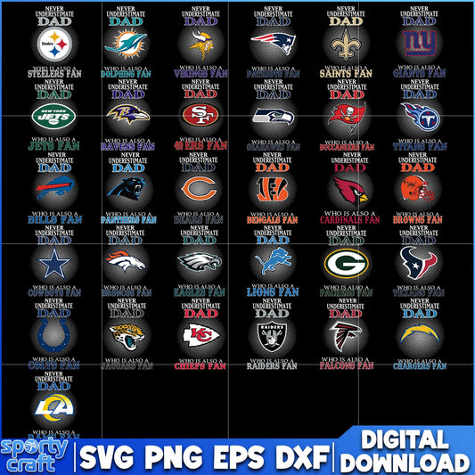 Never Underestimate Dad NFL Teams Bundle SVG, NFL Football SVG