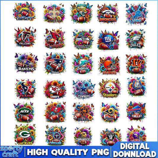Floral NFL Football Logos Bundle PNG, 32 Team Designs PNG, nfl team png