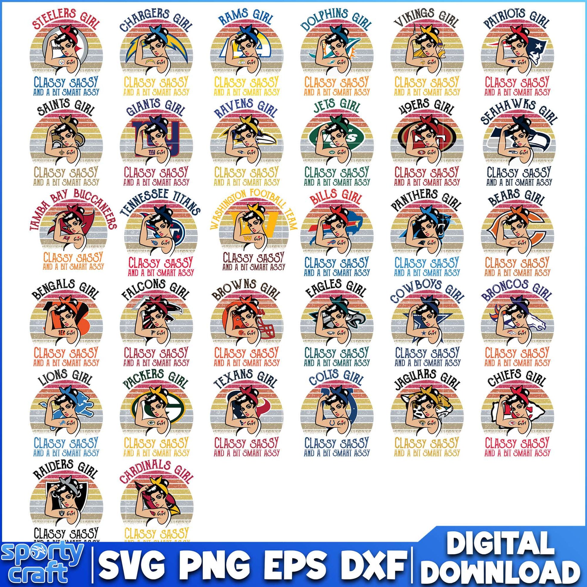Girl Classy Sassy NFL Football Bundle SVG, 32 Nfl Teams SVG