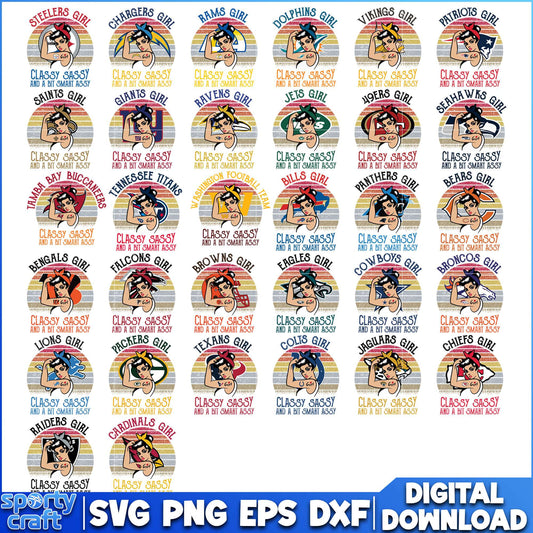 Girl Classy Sassy NFL Football Bundle SVG, 32 Nfl Teams SVG