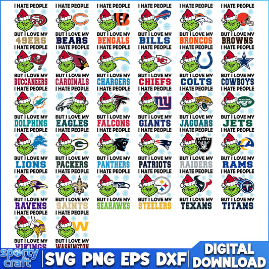 Grinch Love  Teams NFL Football Bundle SVG, NFL Teams SVG