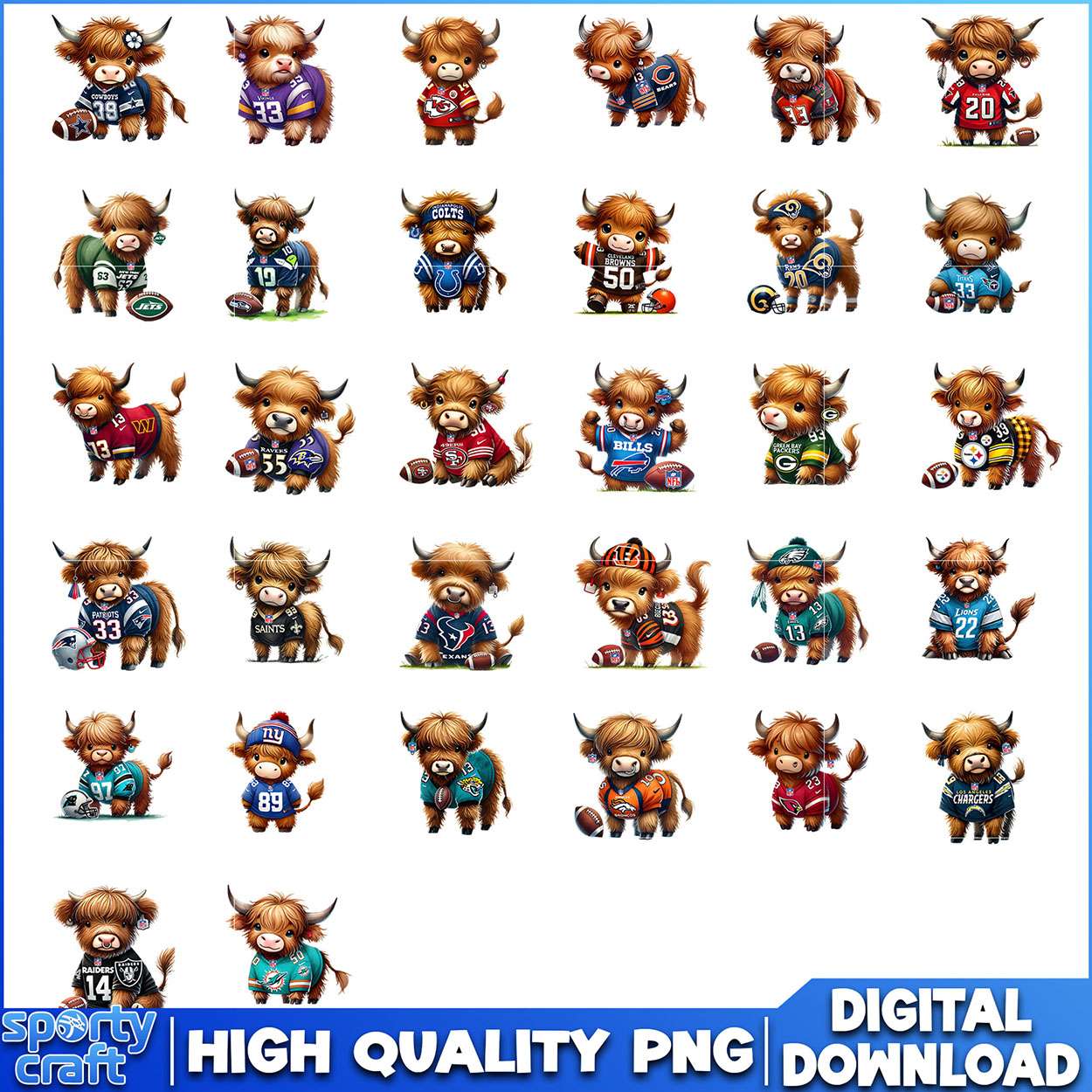 Highland Cow NFL Football Bundle PNG, NFL Teams PNG, nfl season png