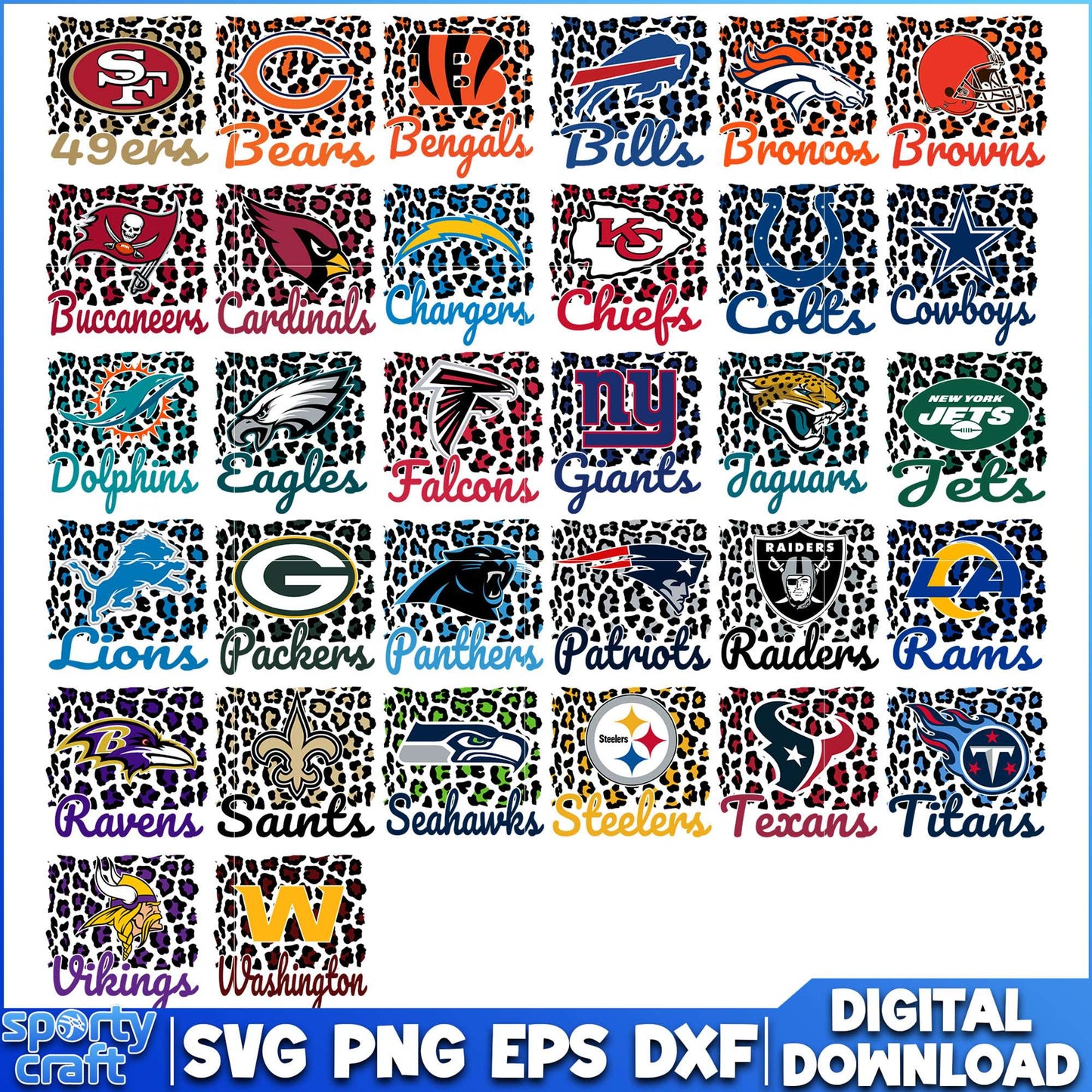Leopard Print NFL Football Bundle SVG, All 32 Teams NFL SVG
