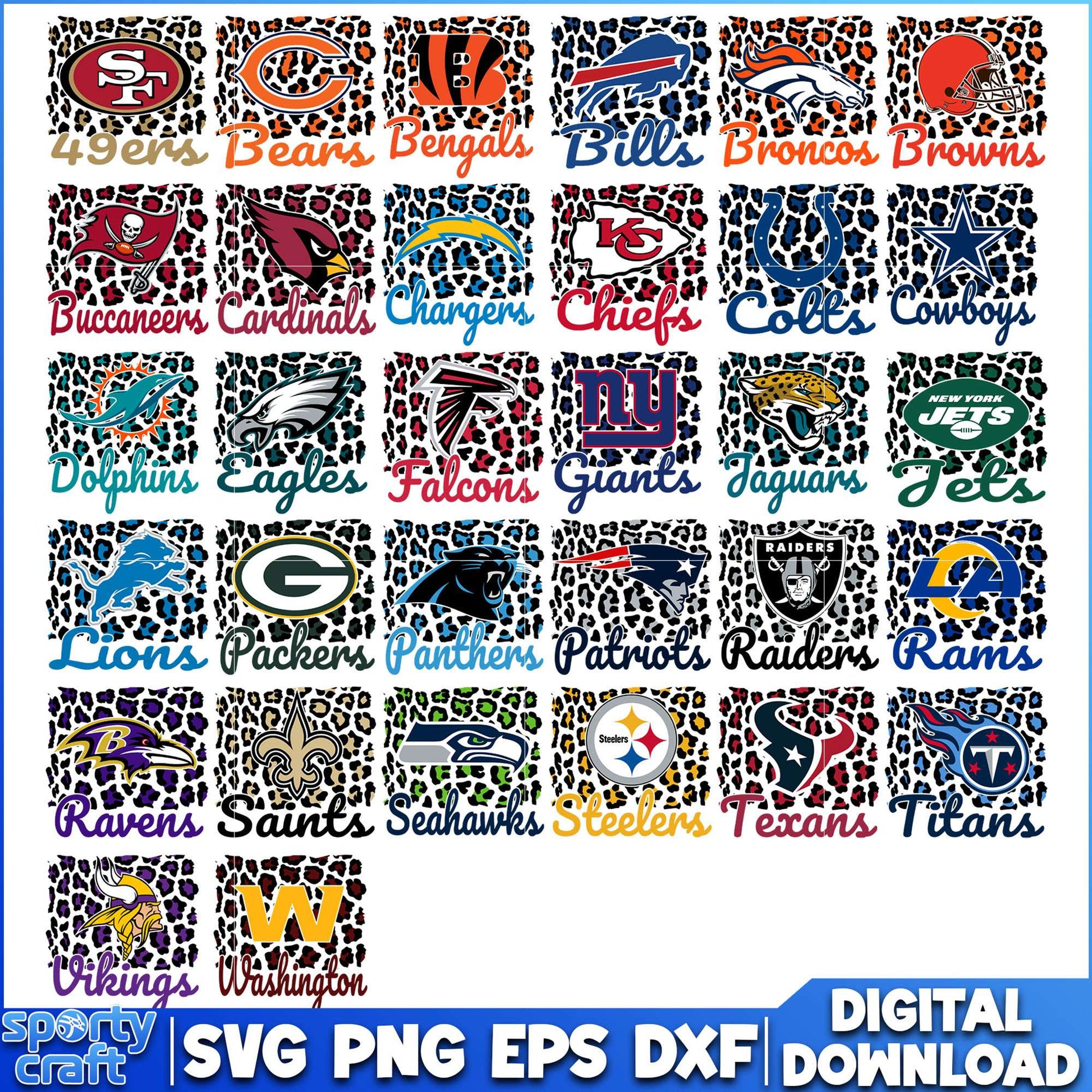 Leopard Print NFL Football Bundle SVG, All 32 Teams NFL SVG