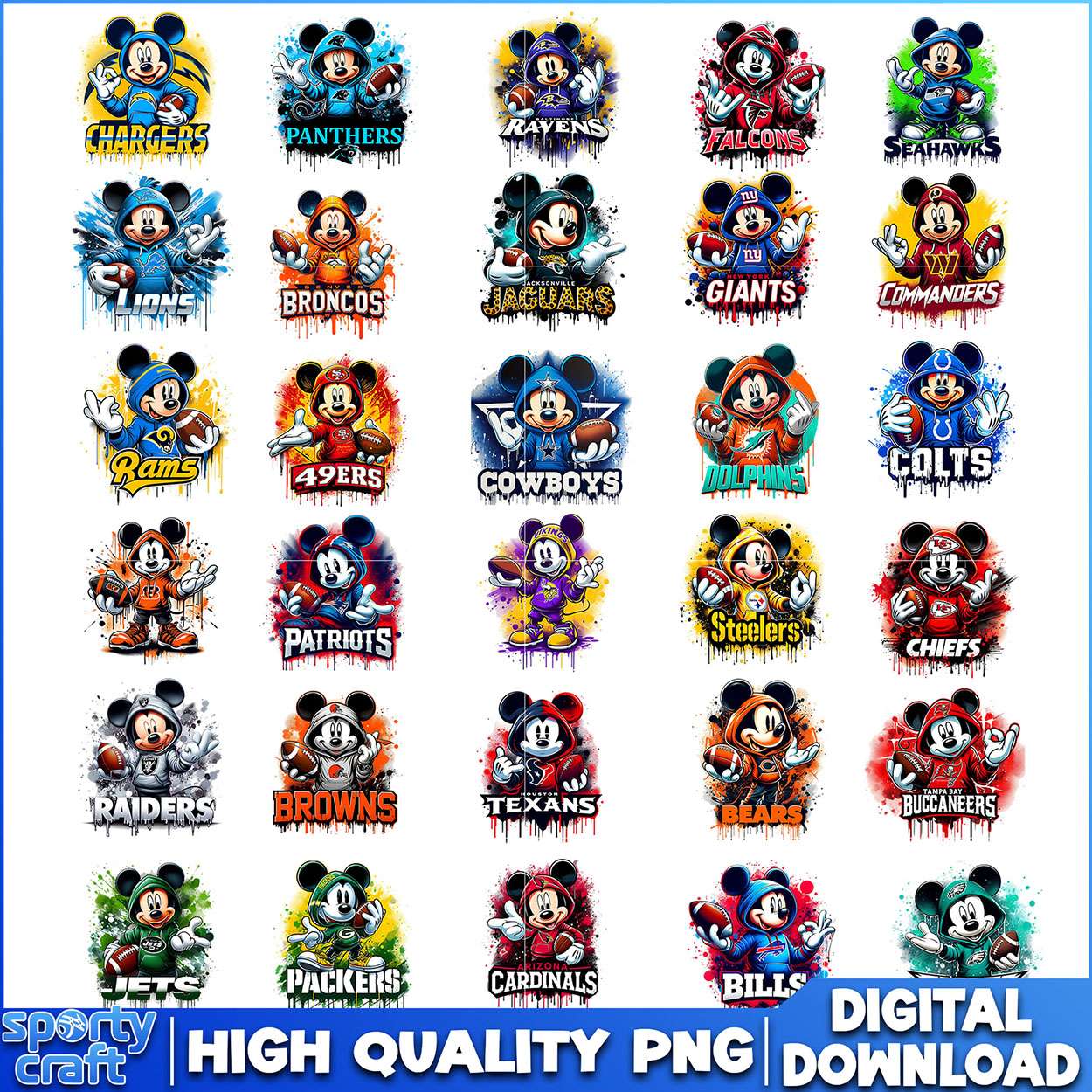 Disney Mickey Mouse NFL Teams Bundle PNG, NFL Football PNG, nfl teams png