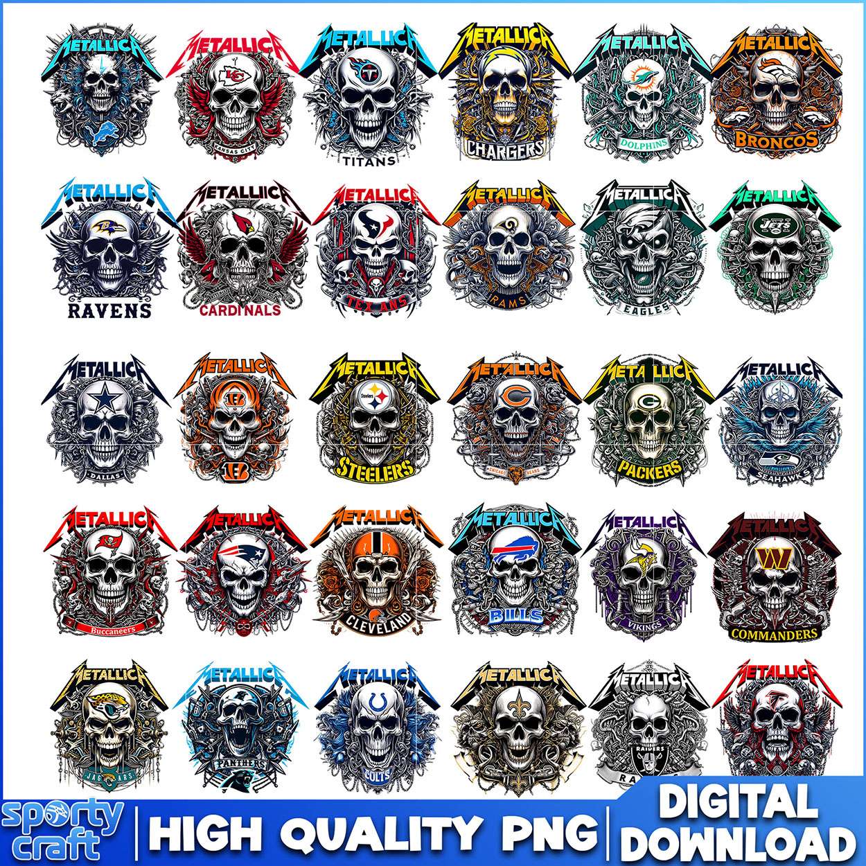 Skull Metallica NFL Teams Logos Bundle PNG, NFL Football PNG, nfl teams png