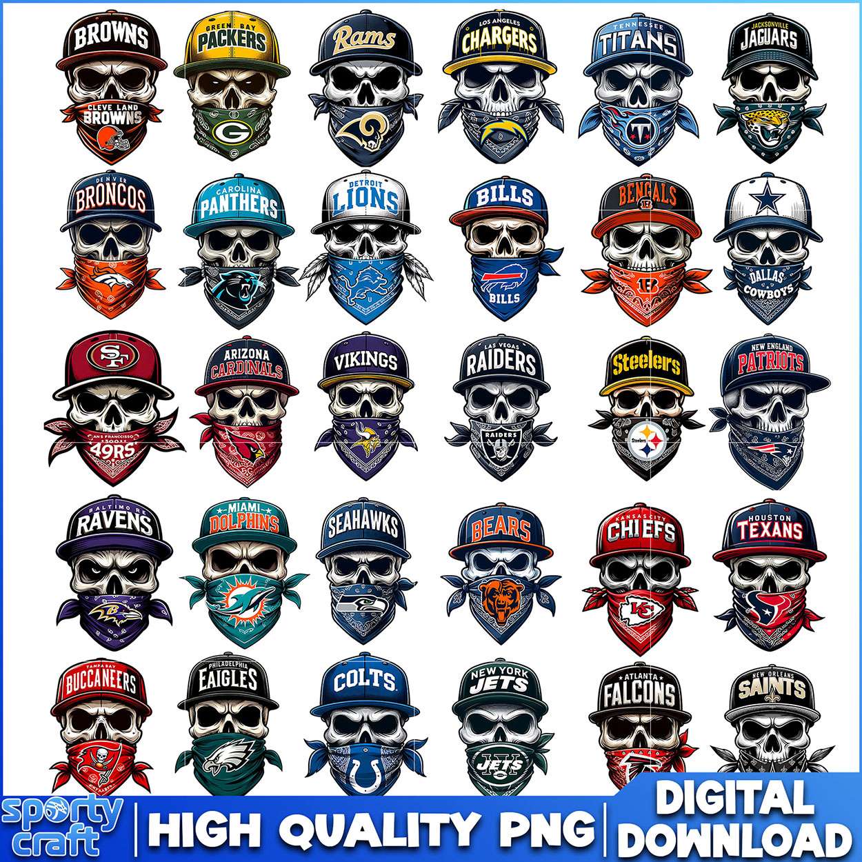 Skull Bandana Footabll NFL Bundle PNG, 32 Teams NFL PNG, nfl teams png