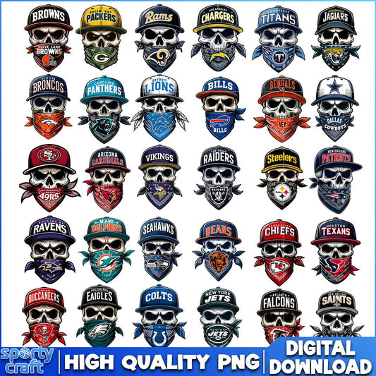 Skull Bandana Footabll NFL Bundle PNG, 32 Teams NFL PNG, nfl teams png