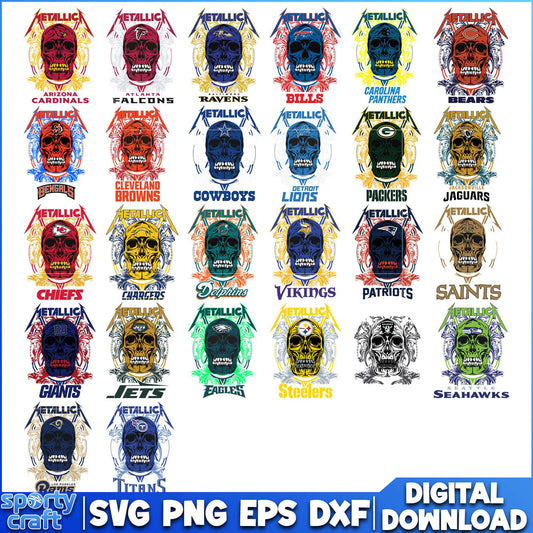 Skull Metallic NFL Football Bundle SVG, 32 NFL Teams SVG, nfl teams svg