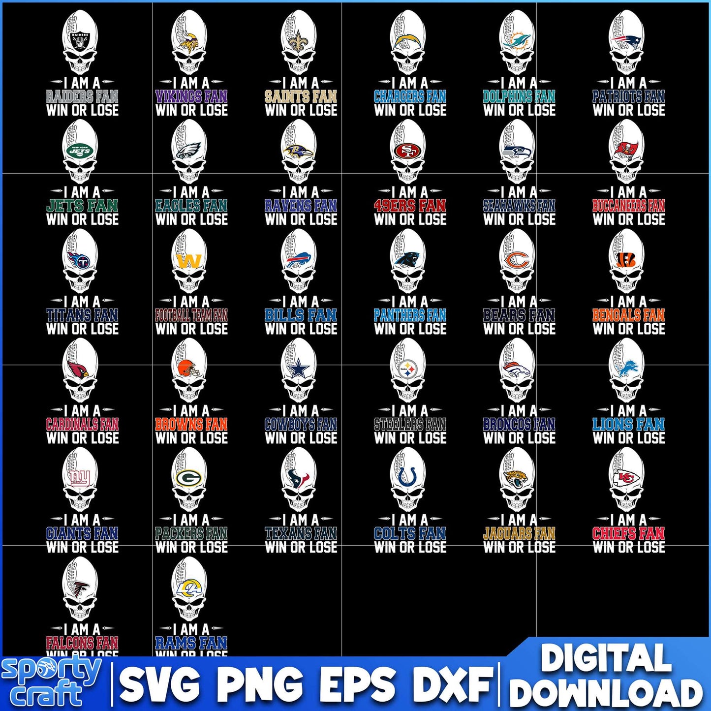 Skull Logos NFL Football Bundle SVG, 32 NFL Team Logos SVG, nfl logo svg