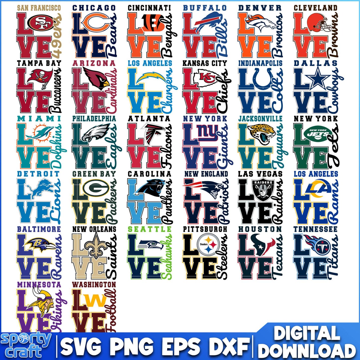 Love Logos NFL Football Bundle SVG, NFL Teams SVG, super bowl svg