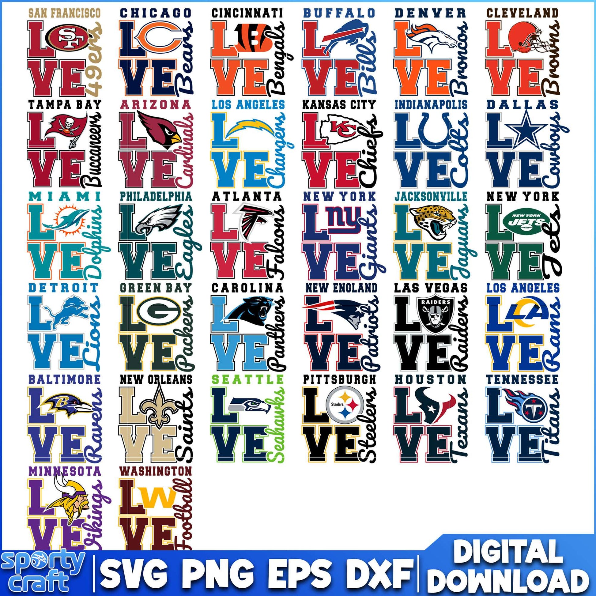 Love Logos NFL Football Bundle SVG, NFL Teams SVG, super bowl svg