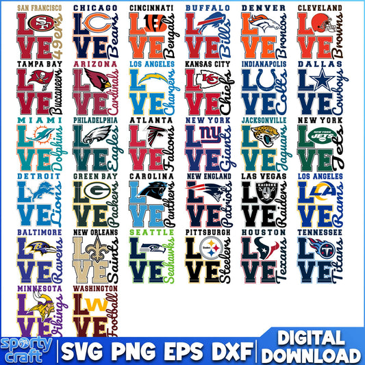 Love Logos NFL Football Bundle SVG, NFL Teams SVG, super bowl svg