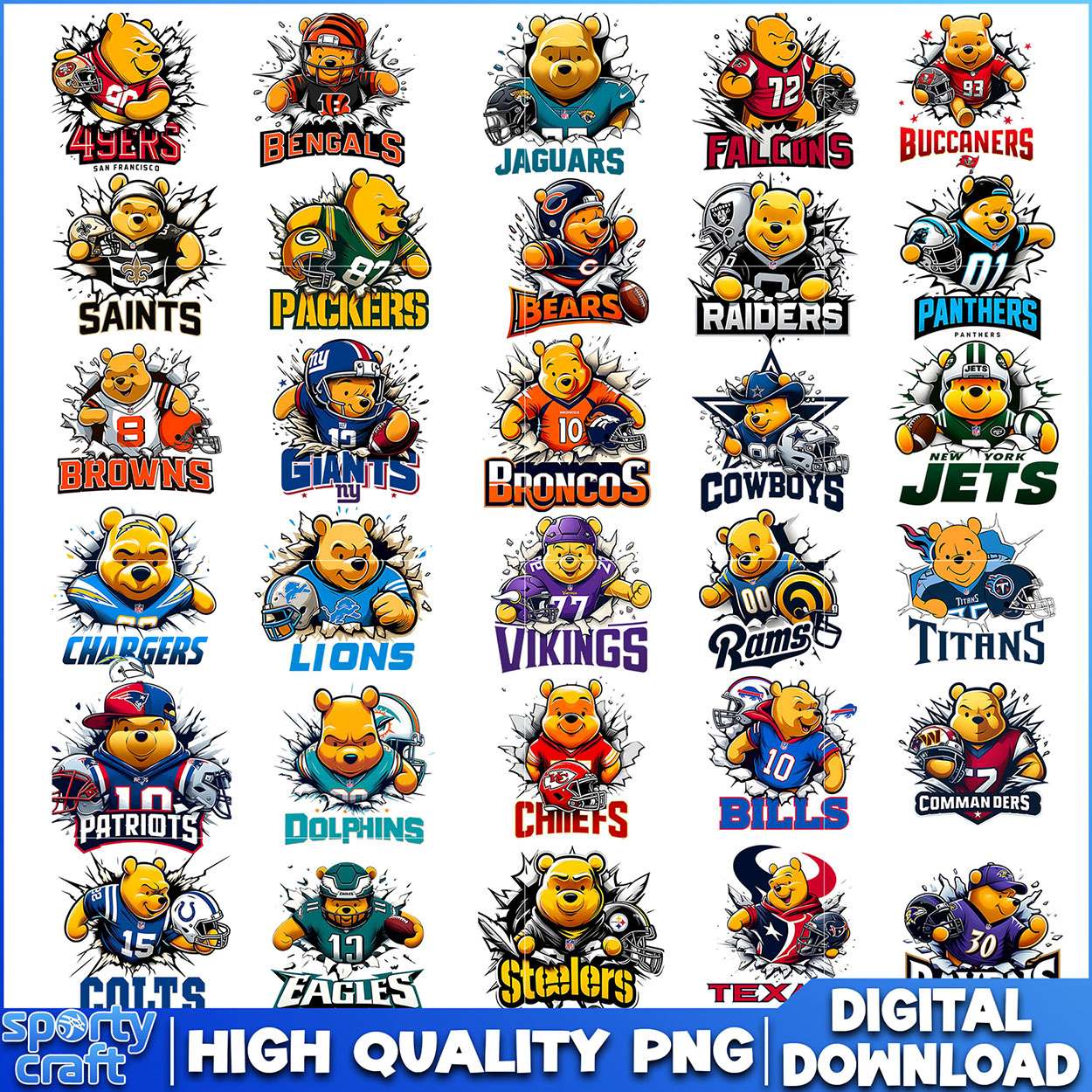 Winnie the Pooh NFL Football PNG Bundle, NFL Teams PNG, nlf logo png