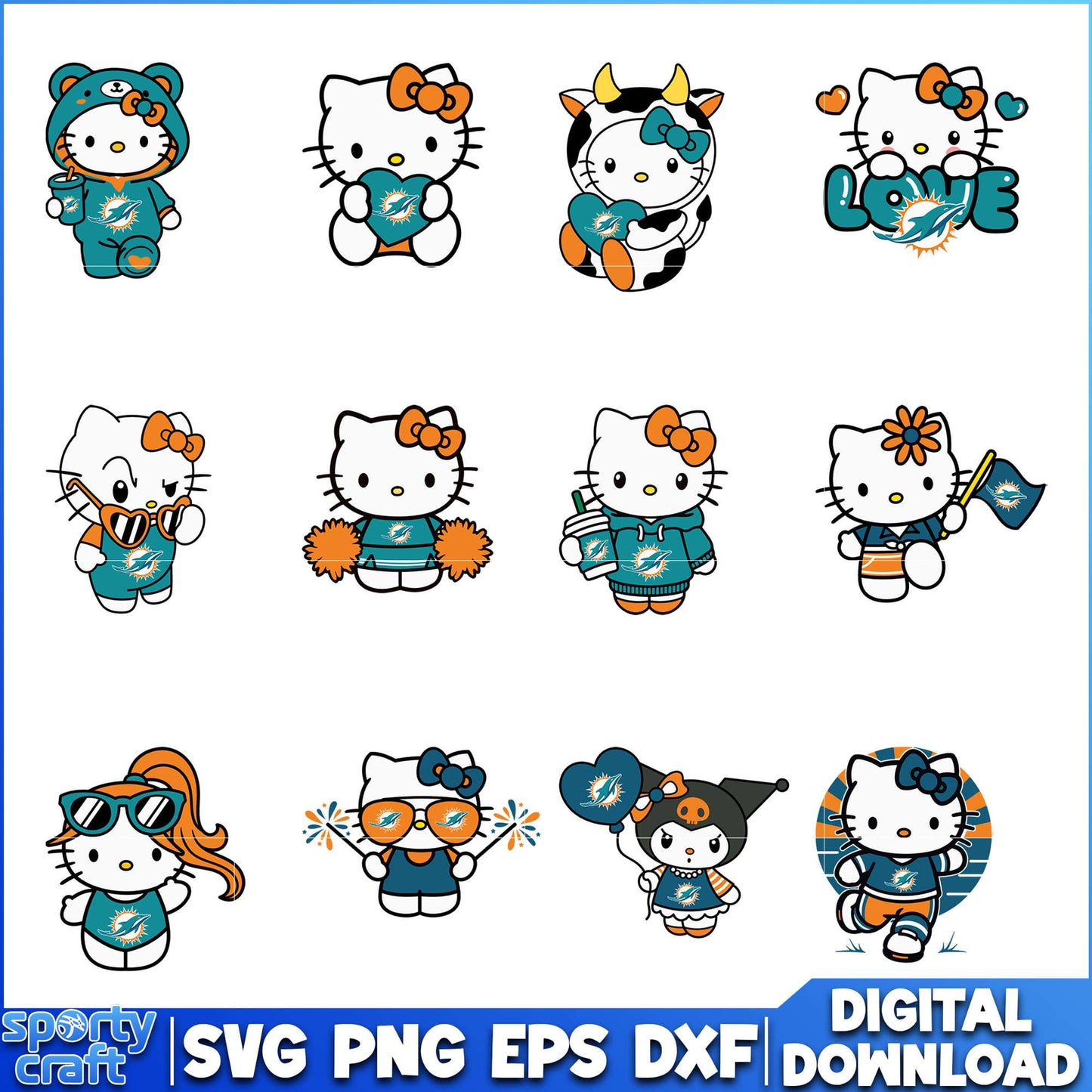 Hello Kitty Dolphins svg Bundle, Miami Dolphins svg, nfl 2025 svg