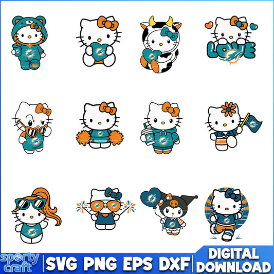 Hello Kitty Dolphins svg Bundle, Miami Dolphins svg, nfl 2025 svg