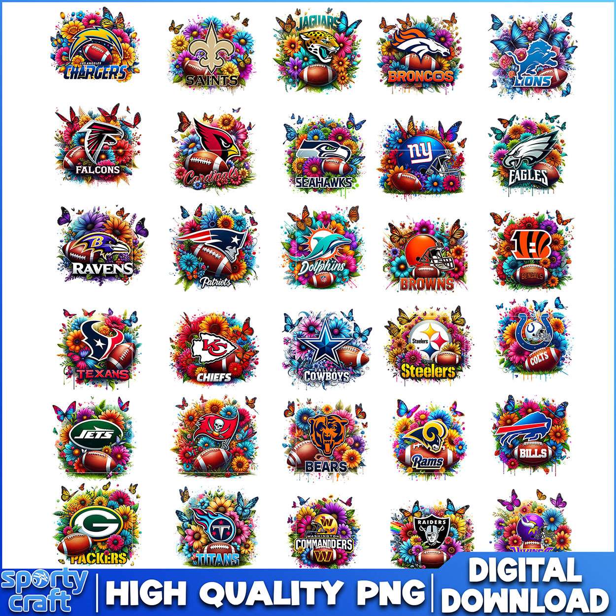 Floral NFL Football Logos Bundle PNG, 32 Team Designs PNG, nfl team png