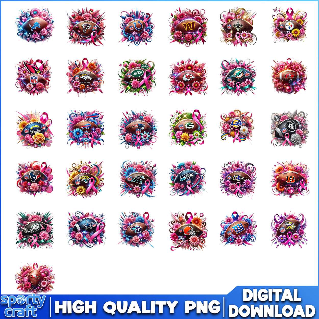 Football Breast Cancer Awareness NFL Bundle PNG, NFL Teams PNG, nfl games png