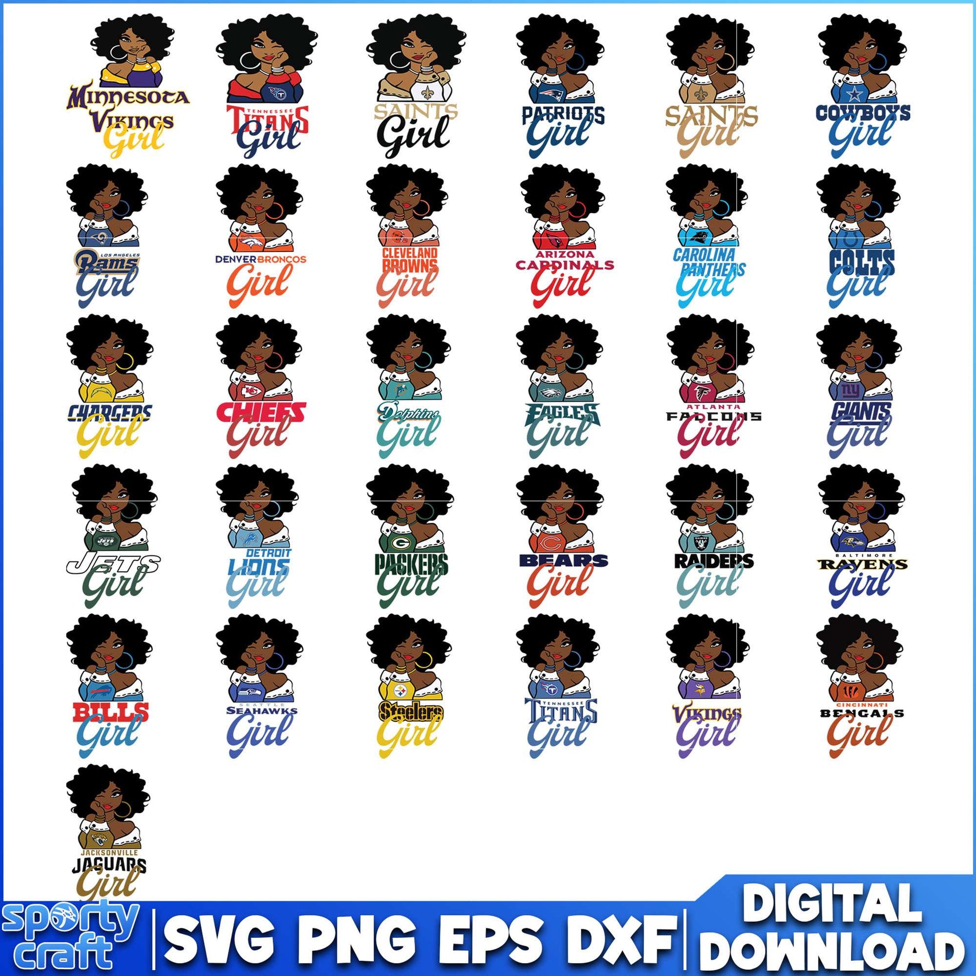 American Girl NFL Football Bundle SVG, NFL Teams SVG