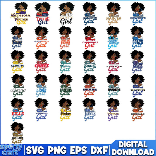 American Girl NFL Football Bundle SVG, NFL Teams SVG