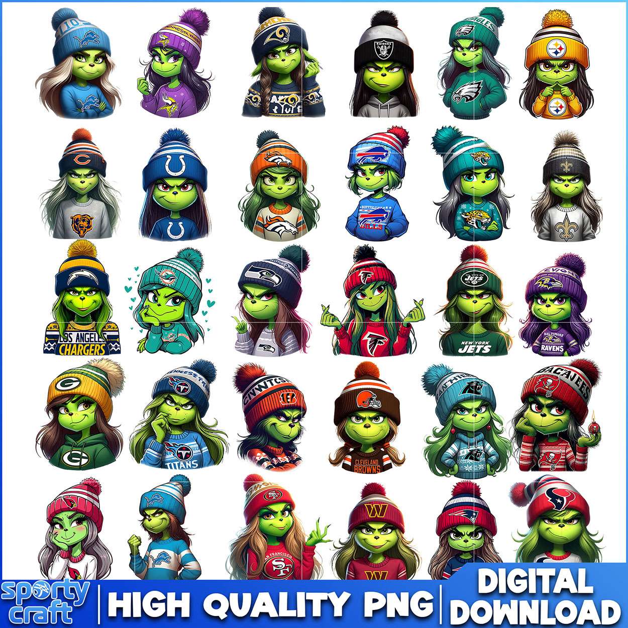 Grinch Girls NFL Football Bundle PNG, NFL Teams PNG, nfl teams png