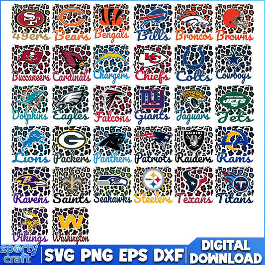 Leopard Print NFL Football Bundle SVG, All 32 Teams NFL SVG