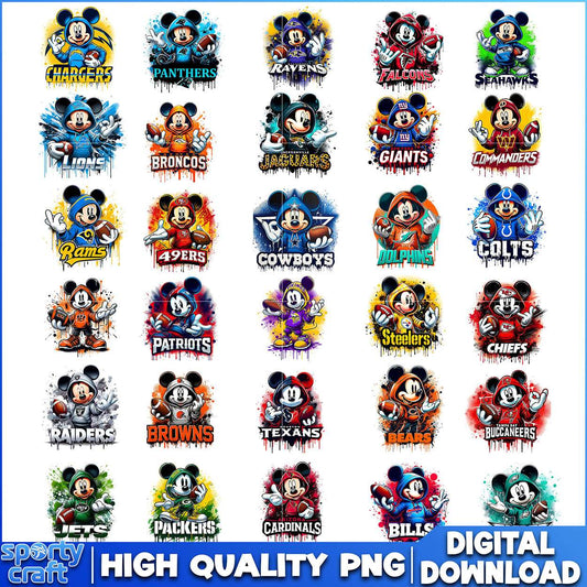Disney Mickey Mouse NFL Teams Bundle PNG, NFL Football PNG, nfl teams png