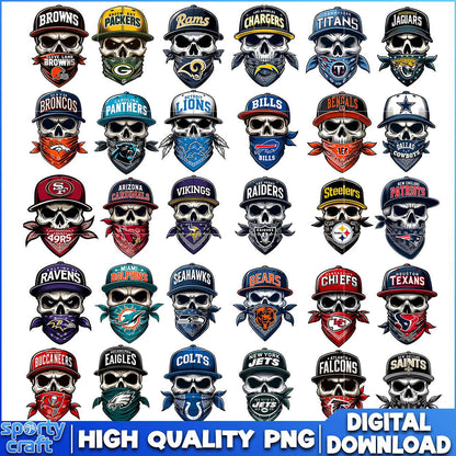 Skull Bandana Footabll NFL Bundle PNG, 32 Teams NFL PNG, nfl teams png