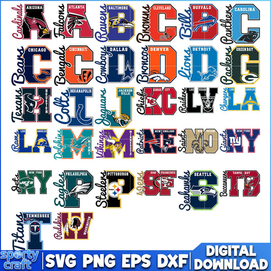 Alphabet NFL Teams Bundle SVG, NFL Football SVG, nfl logo svg