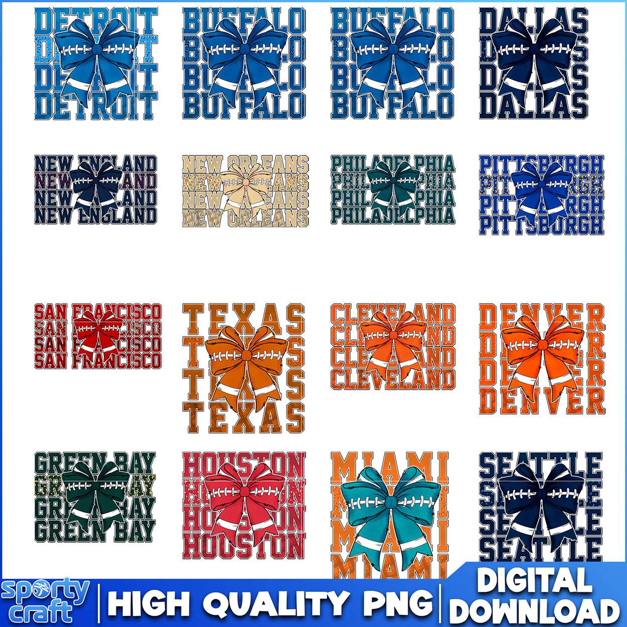 Coquette Bow Football NFL Bundle PNG, NFL Teams PNG, nfl teams png