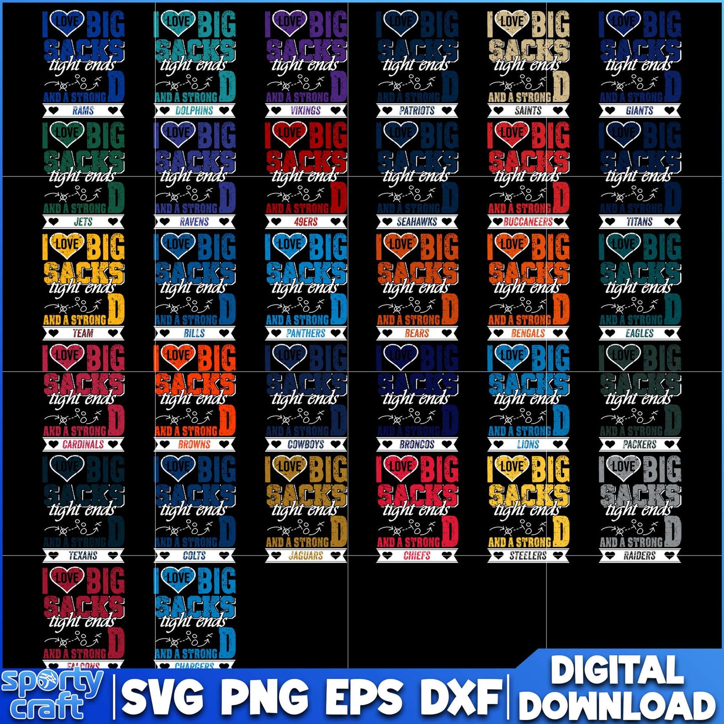 I Love Big Sacks Tight Ends SVG Bundle, NFL Football SVG, super bowl svg