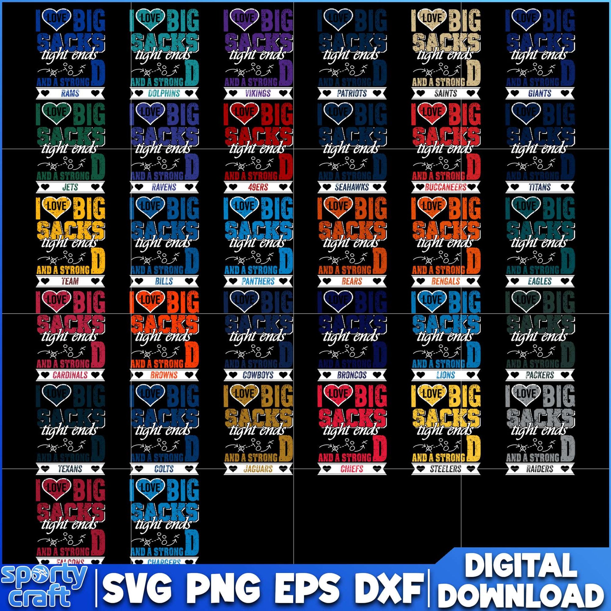 I Love Big Sacks Tight Ends SVG Bundle, NFL Football SVG, super bowl svg