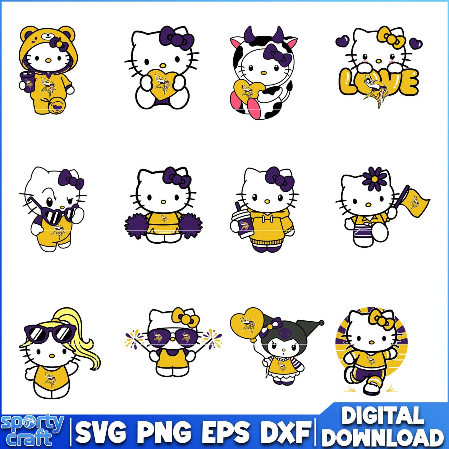 Hello Kitty Vikings SVG Bundle, Minnesota Vikings SVG, nfl 2025 svg